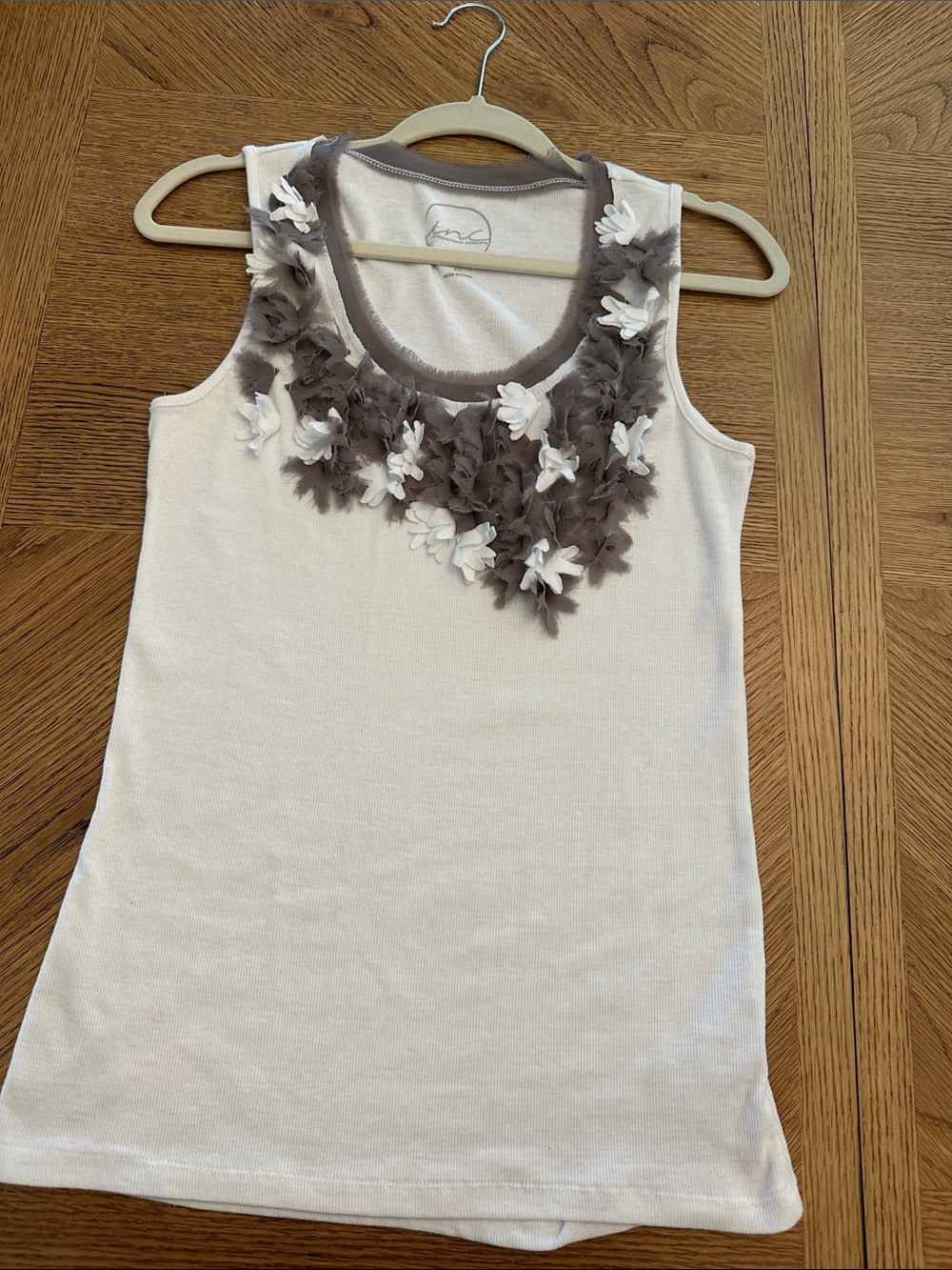 INC International Concepts White Tank Top with Gray Floral Appliqué